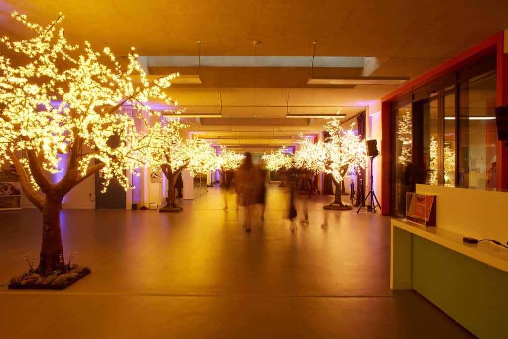 The main foyer of Sense TouchBase Pears, a wide, long open space is illuminated by light up tree sculptures in rows on the right and left sides. To the right are some tall glass doors signifying the entrance to a difference space.