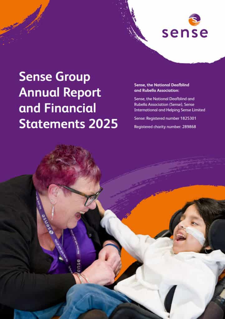 The front cover of the Sense annual report for 2025. Is says 'Sense group annual report and financial statements 2025' in white text on a purple background. At the bottom of the cover there is a lady with purple hair making a young boy laugh as he reaches out to her.