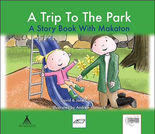 Book cover for 'A Trip To The Park'. A man and his child are illustrated playing in the park together.