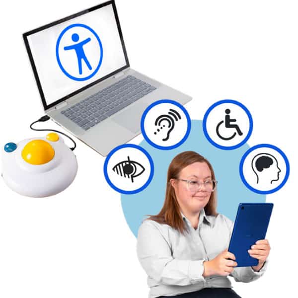 A young woman looks at a tablet in front of a laptop attached to a mouse for use by those with less dexterity in their hands and fingers