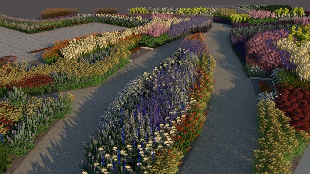 It's the design for the new garden in Birmingham - it's a digital image showing two paths running alongside vibrant flowerbeds which intersect further up. To the left is an open paved space. There are lots of flowers.