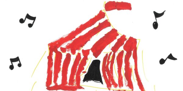 A painting of a red and white striped circus tent