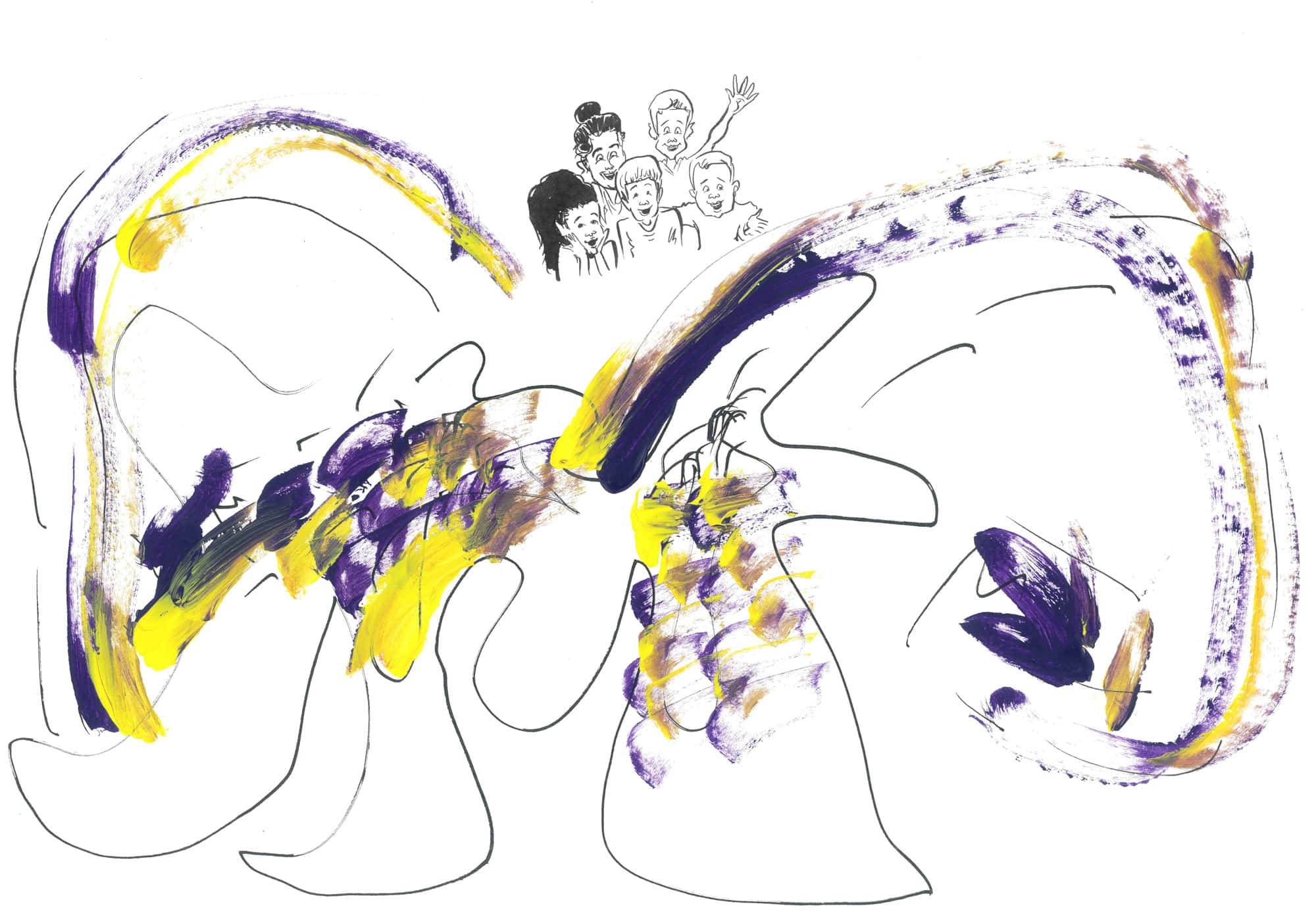 A drawing of five children, they look on in amazement at painted ribbons twirling in front of them
