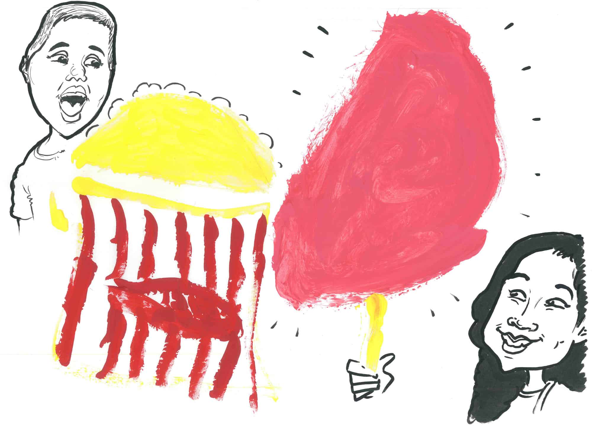 A drawing of a young boy and girl, they are about to eat giant popcorn and candy floss