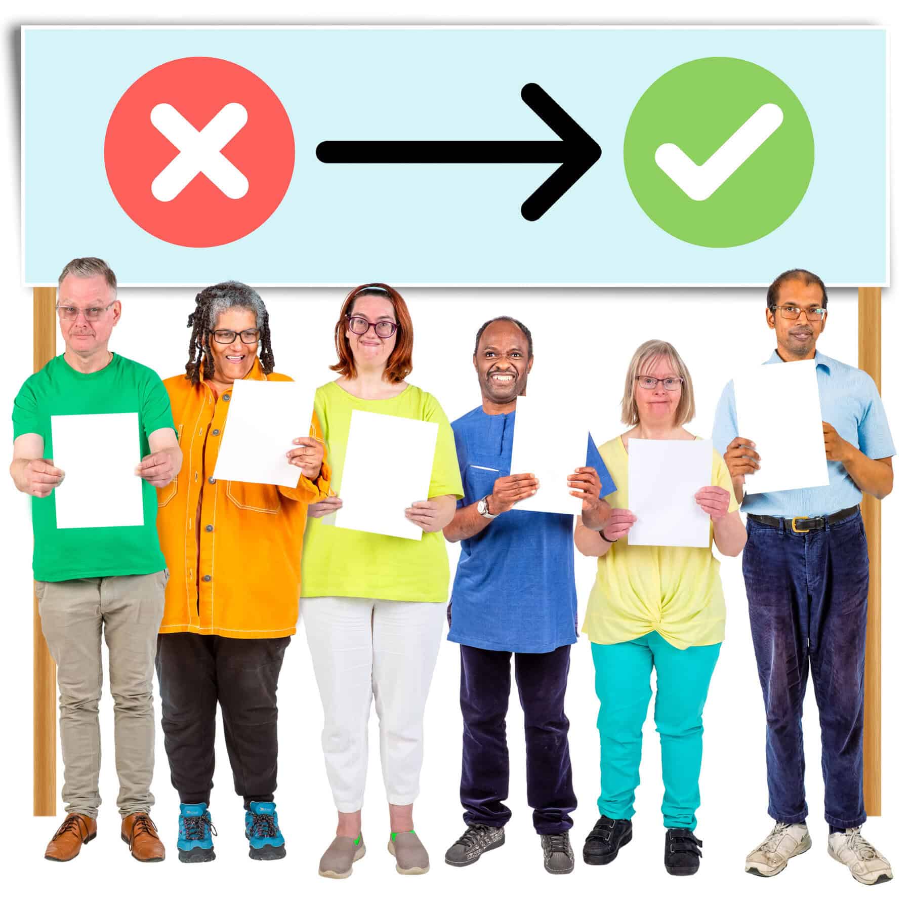 A group of people holding pieces of paper. Above them, an arrow moved from a red x to a green tick