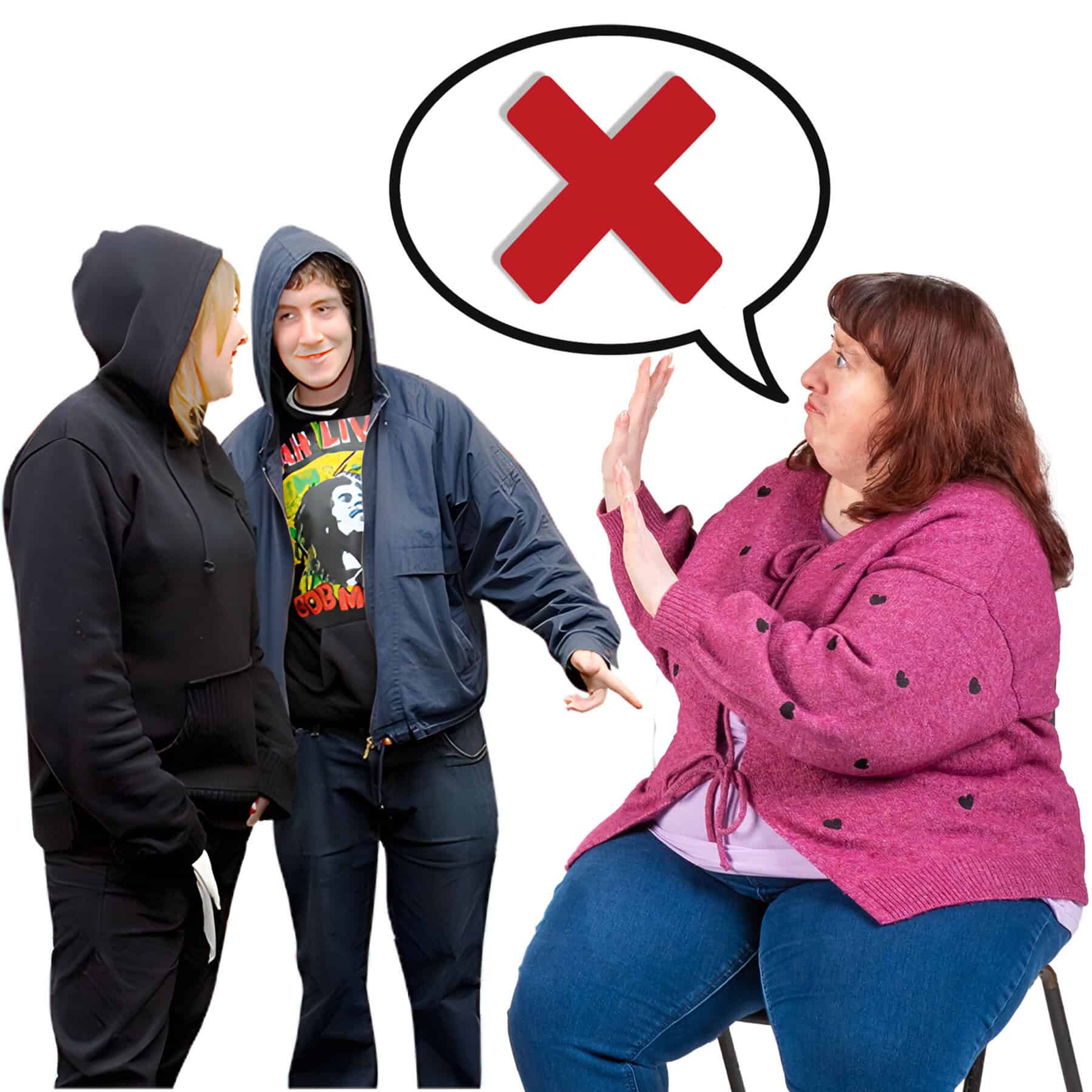 A woman indicates she is not happy with 2 other people