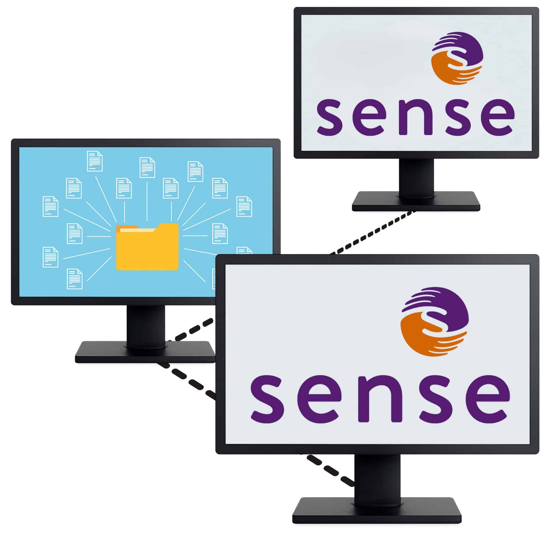 3 computers, 2 of which have the Sense logo. They are connected by a dotted line.