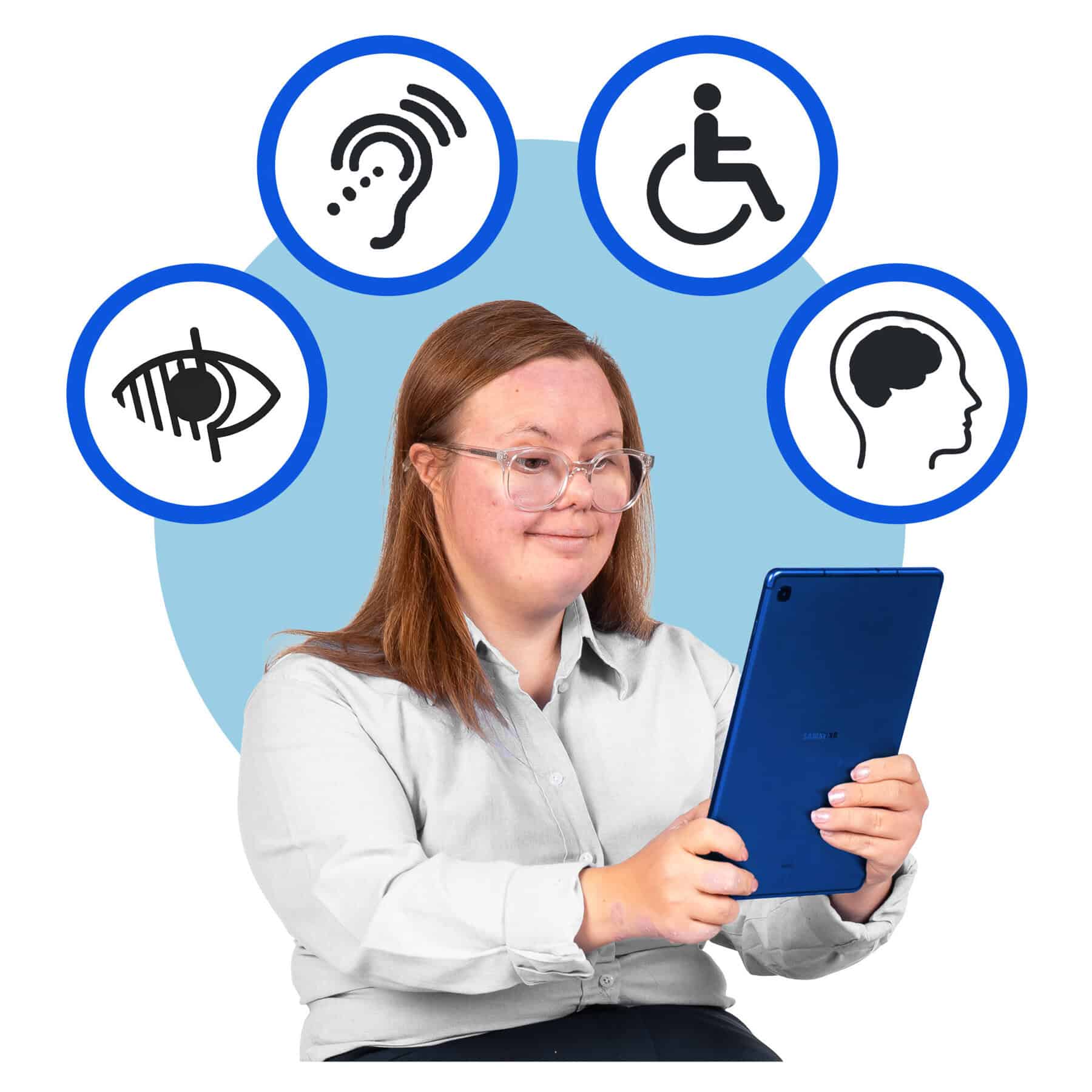 A woman looks at a tablet. Accessibility symbols surround her