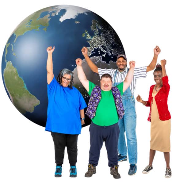 4 people stand and cheer in front of the Earth