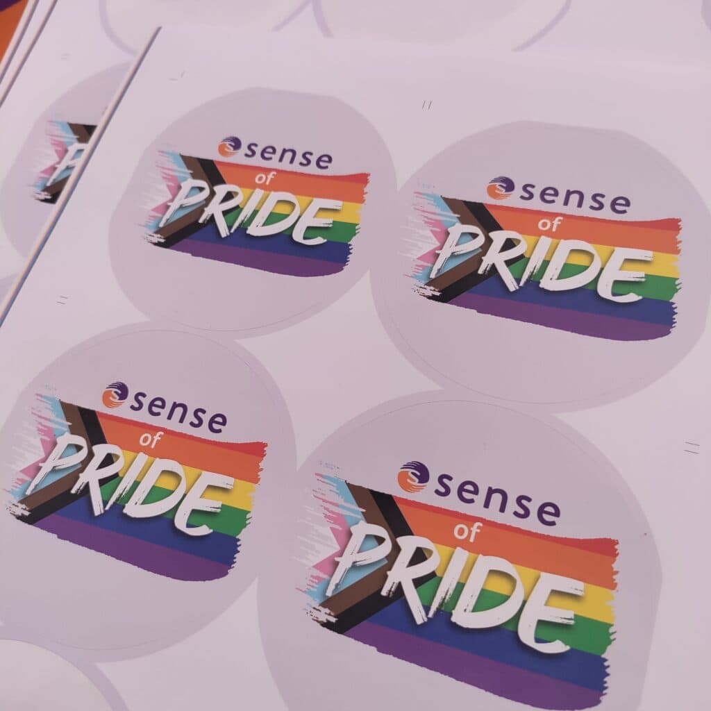Stickers with a light purple background with a painted progress pride flag with text reading "Sense of pride" over the top.