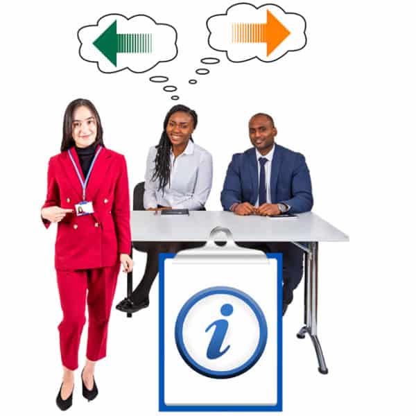 3 people in an office setting behind an information sign. One woman is thinking about arrows pointing two different ways