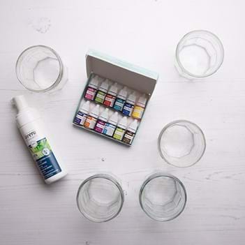 Sensitive shaving foam, empty glasses and paints