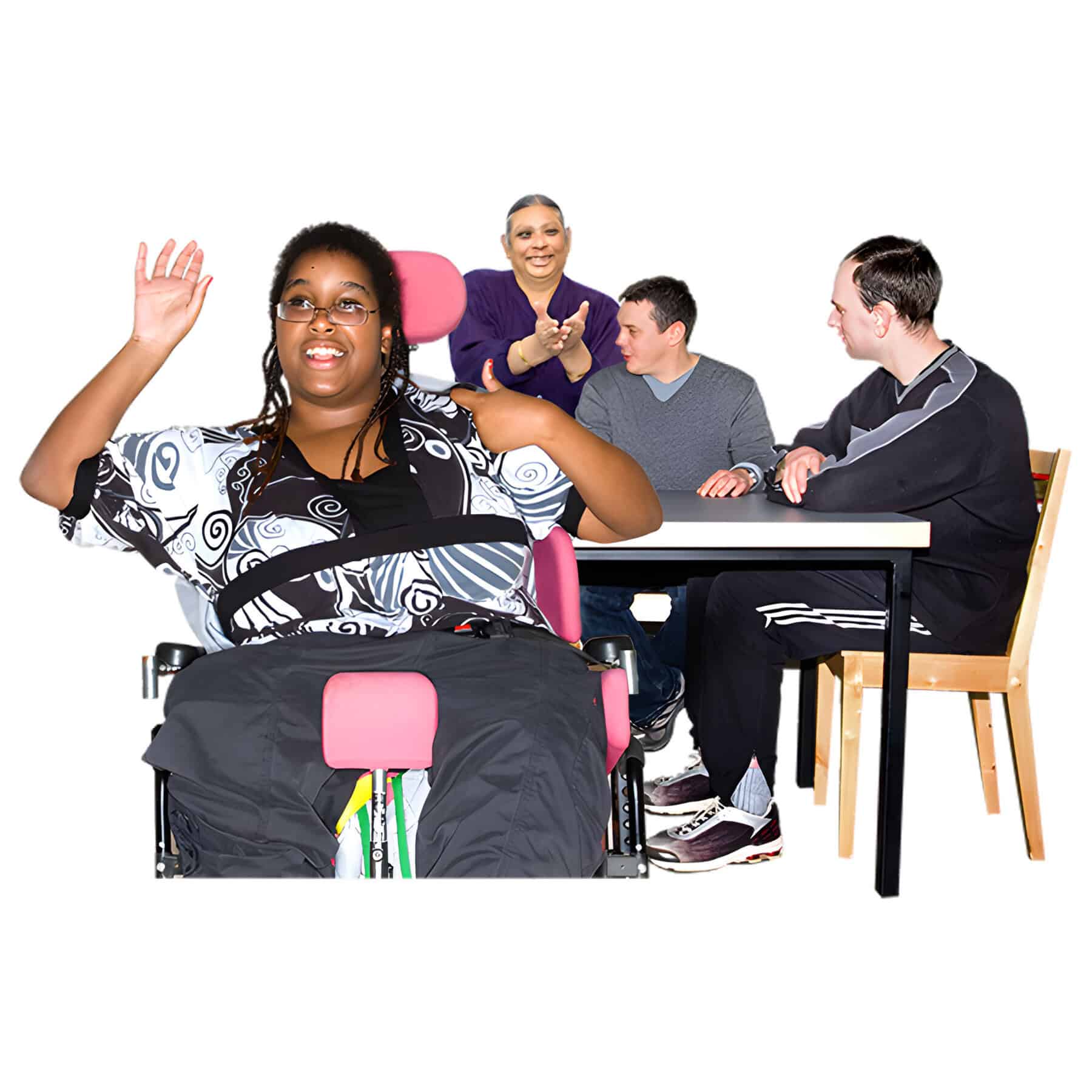 A woman smiles. Behind her, 3 people discuss things at a desk