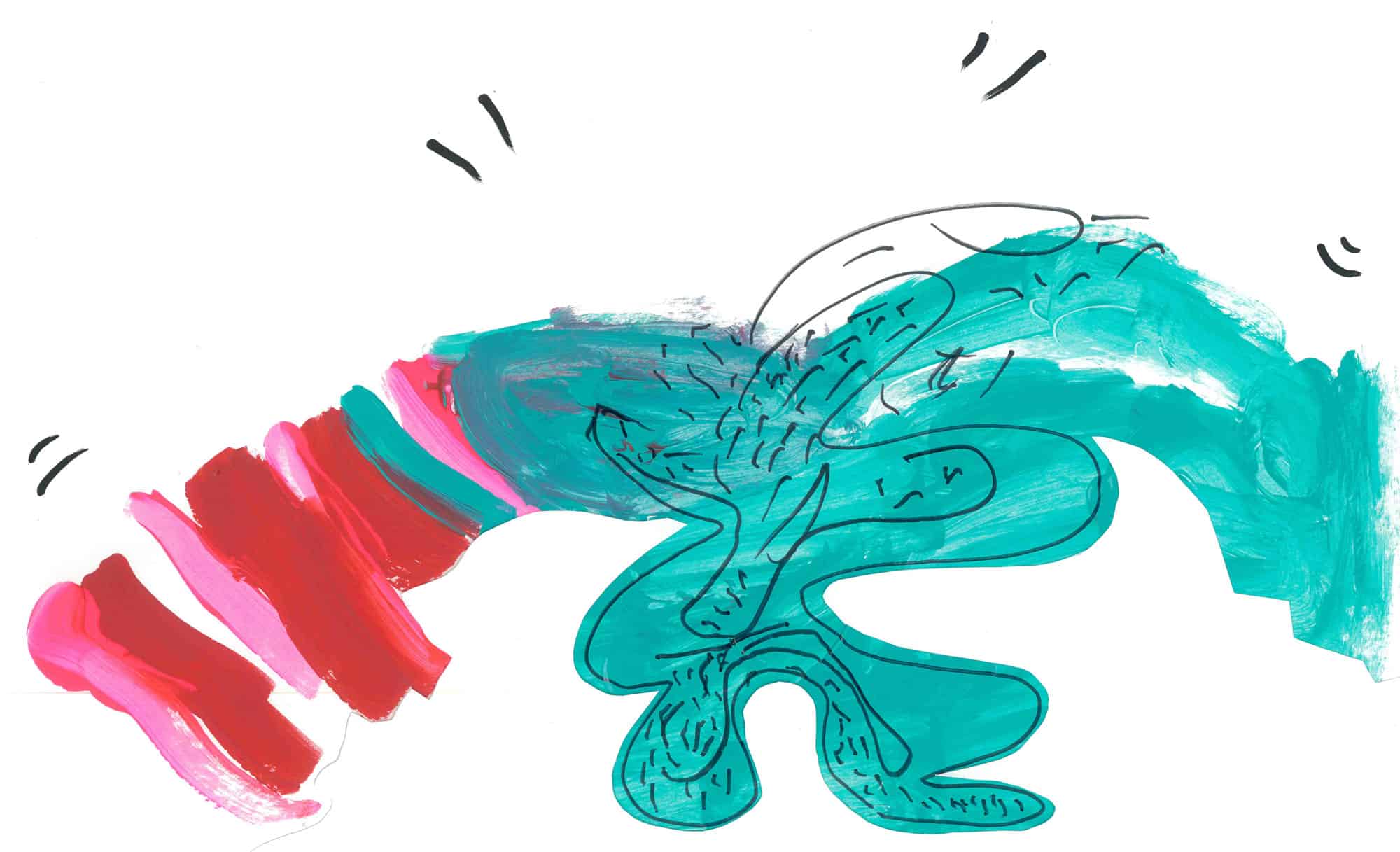An abstract painting of someone throwing their turquoise duvet in the air