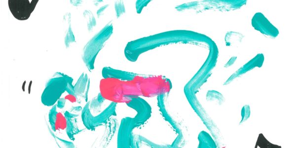 A turquoise line drawing of a person dancing to music