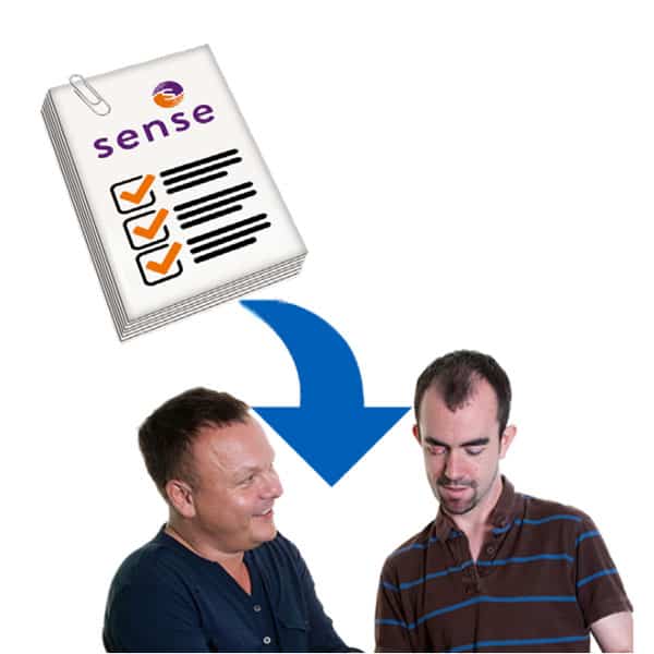 An arrow points from a Sense checklist to 2 people talking