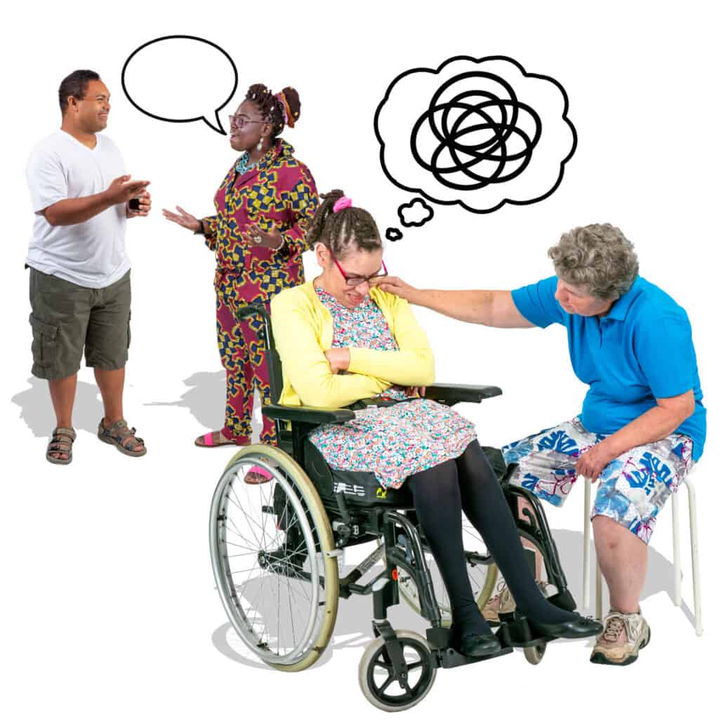 4 people in discussion. The lady at the front is thinking a black cloud