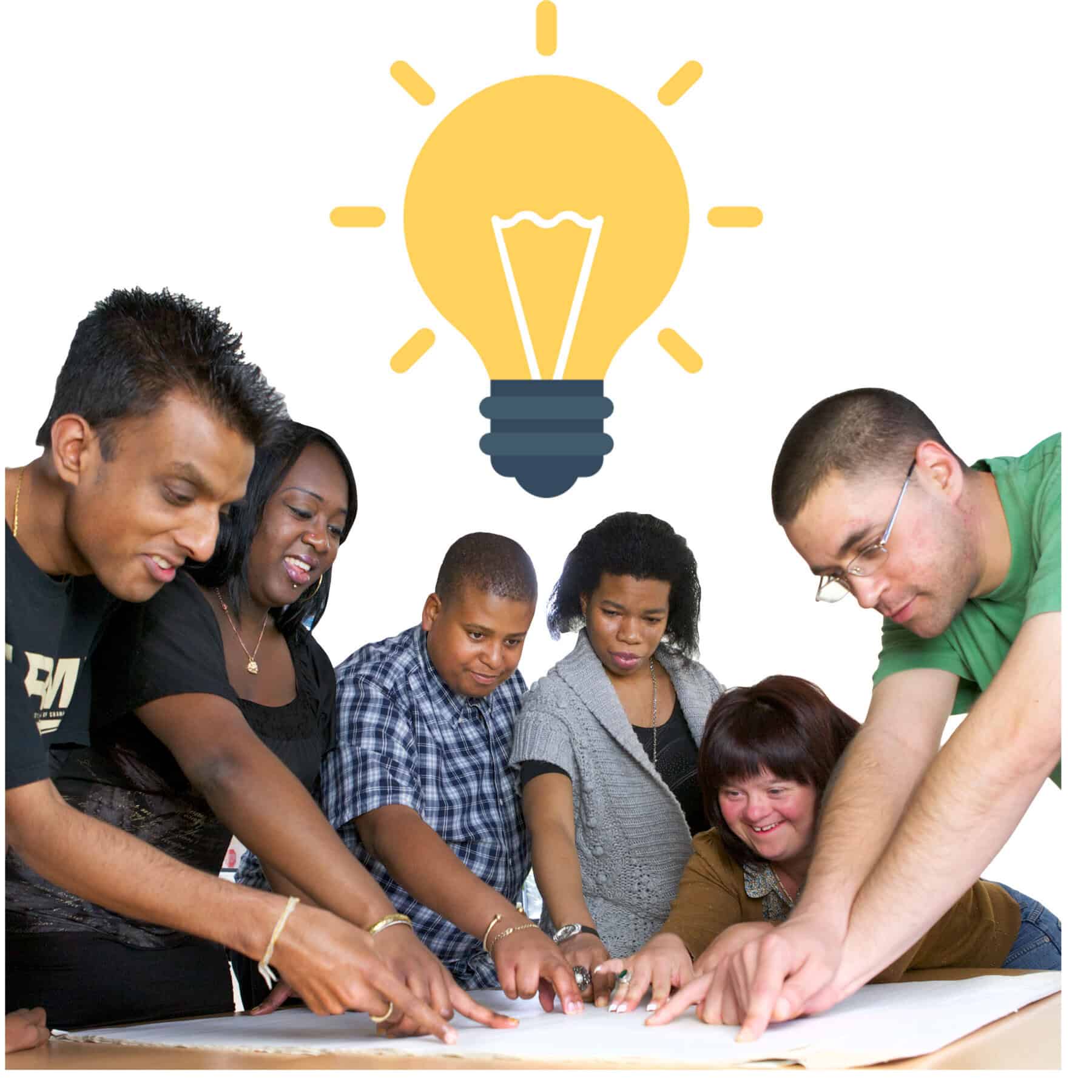 A group of people point at a piece of paper whilst a lightbulb symbol goes off behind them