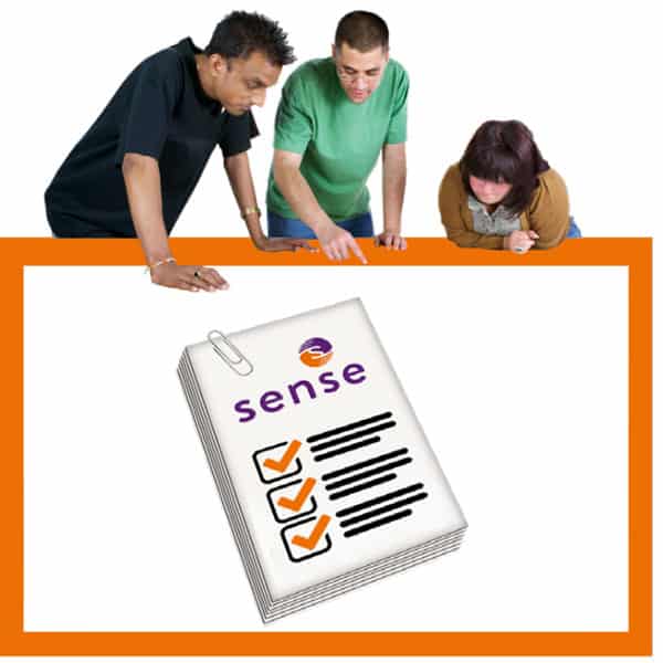 3 people point at a Sense checklist