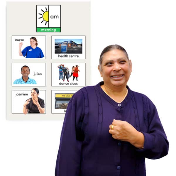 A woman stands in front of cards indicating different places, names or people