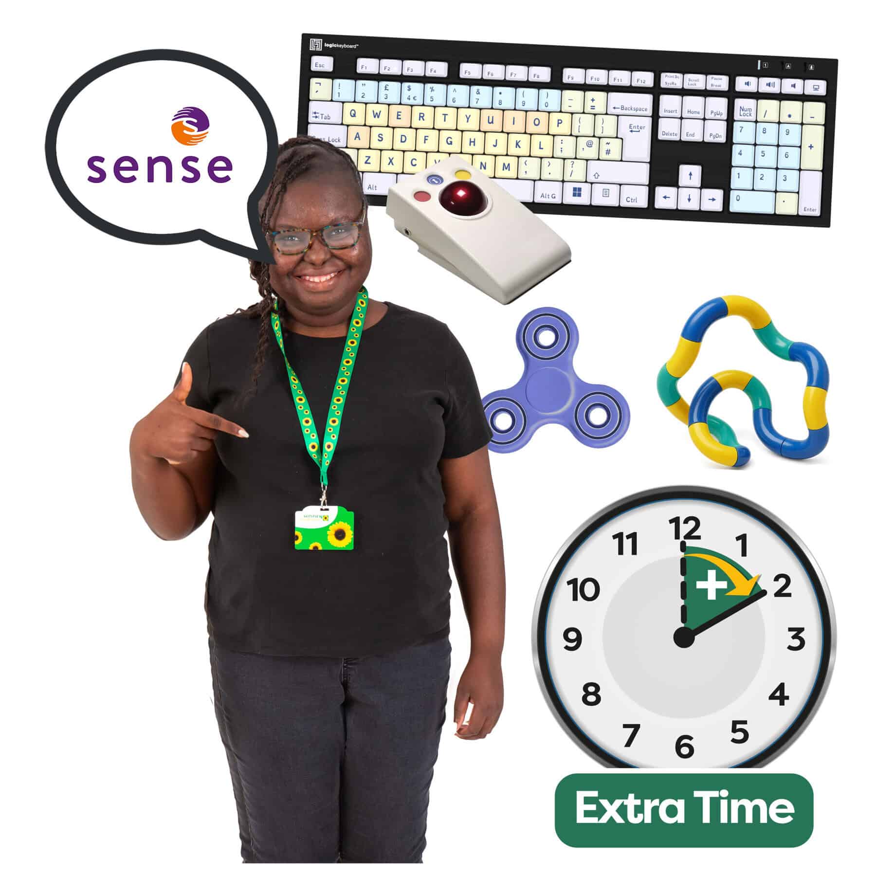 A woman says the word 'Sense' in front of a times, some stress toys and a keyboard