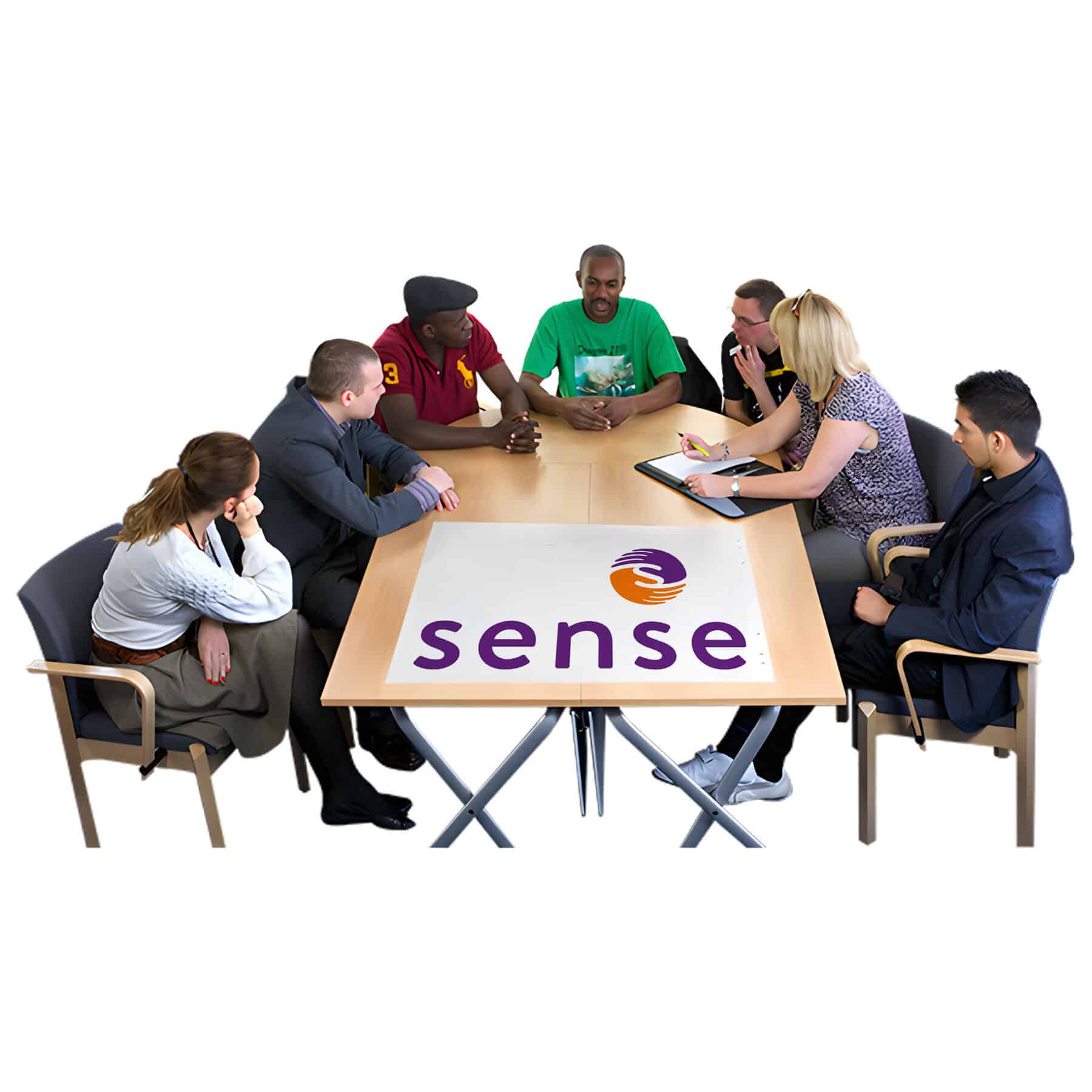 A group of people sit around a table discussing things