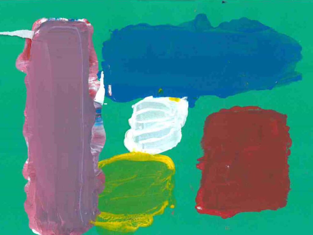 A green painting with different coloured overlapping rectangles