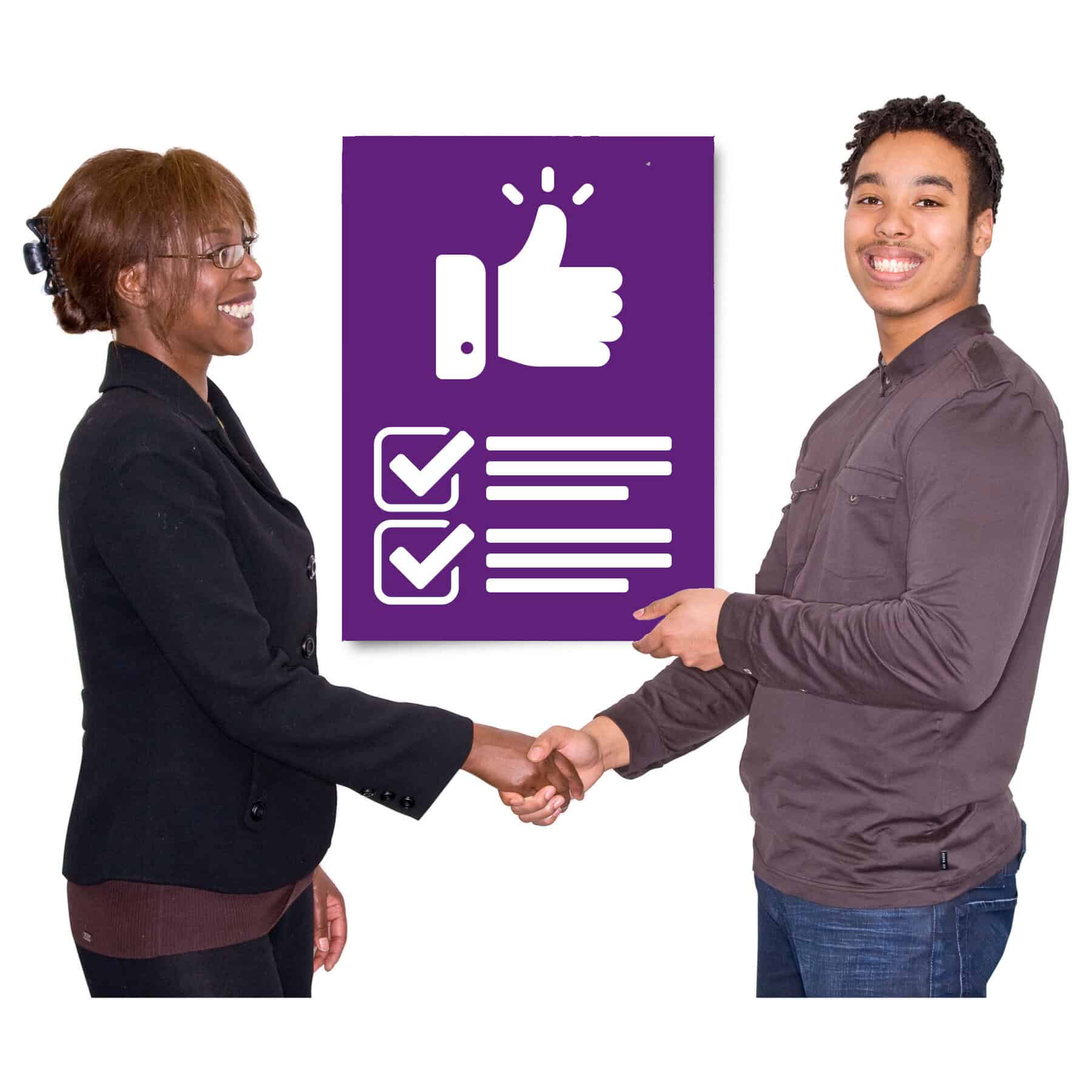 2 people shake hands in front of a completed to-do list