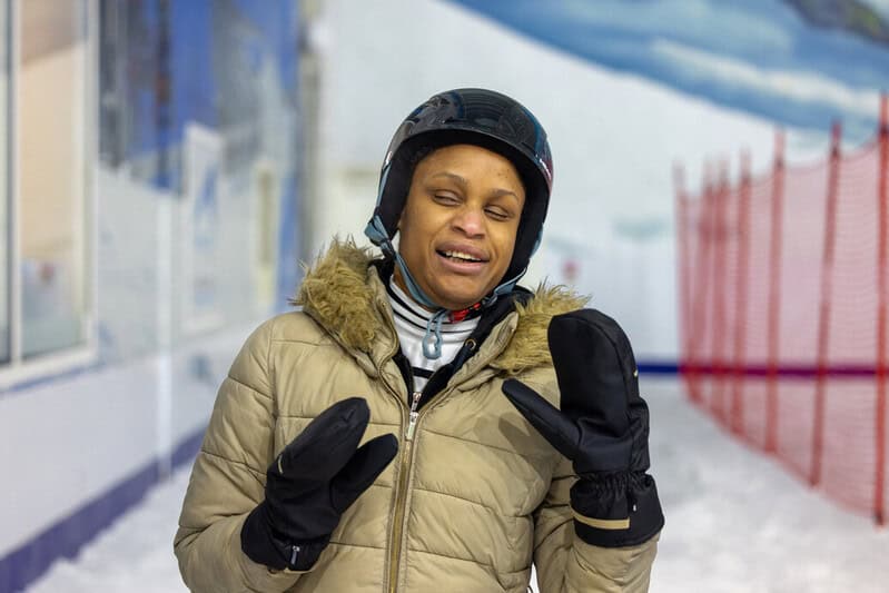 Hazel, wrapped up warmly ahead of her indoor ski session at The Snow Centre.