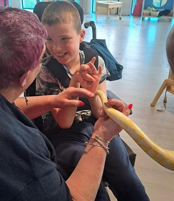 A young man is smiling widely, as a lady places a long yellow snake into his hands.