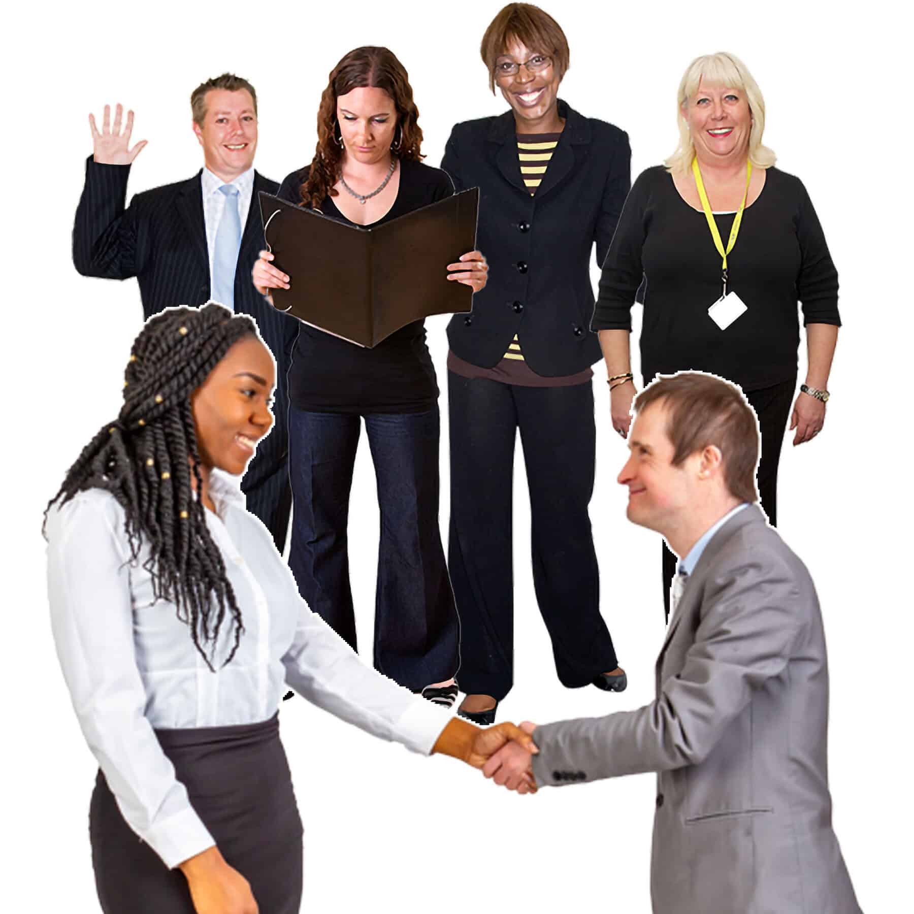 Two people shake hands in the foreground. Behind them 4 people smile