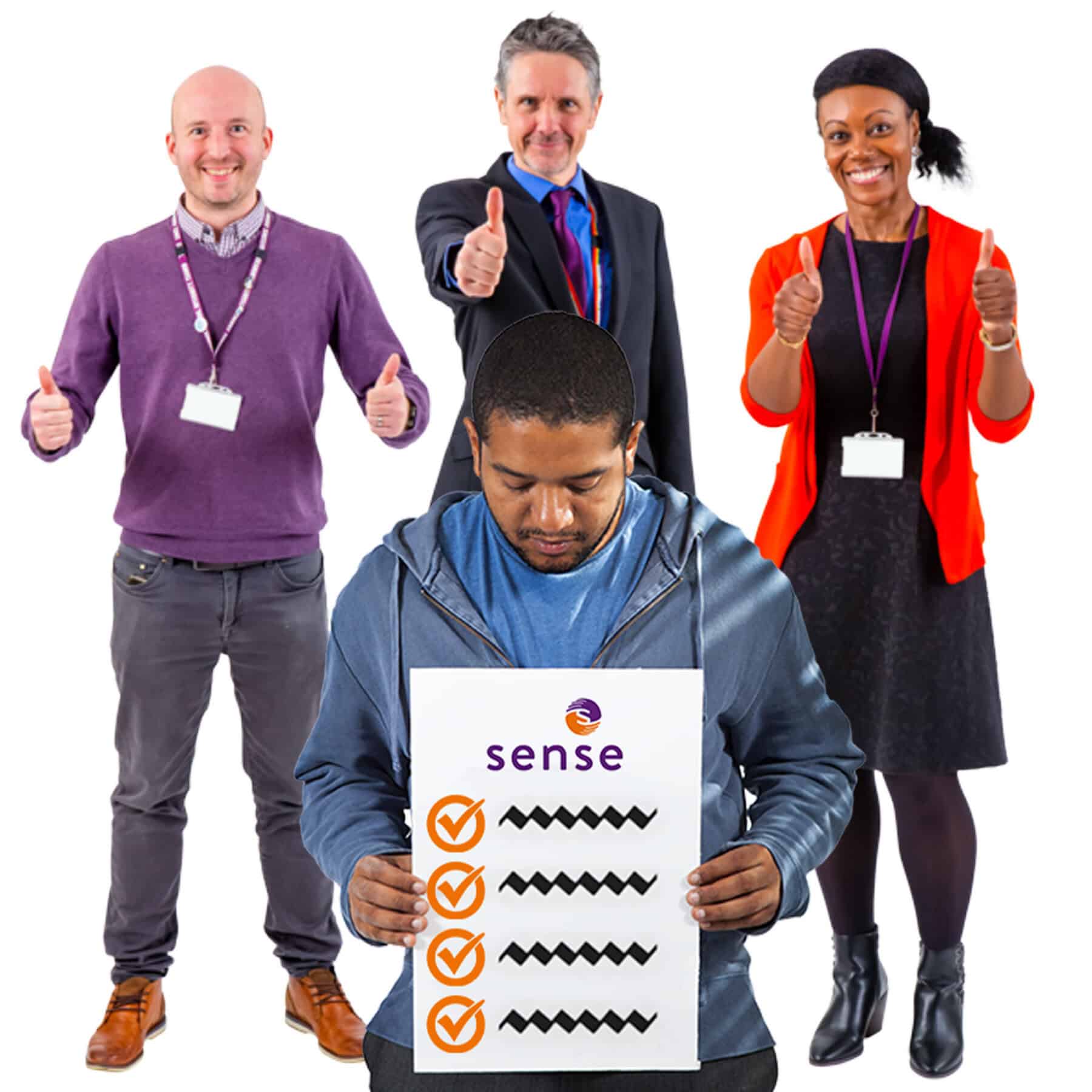 A group of people smiling with thumbs up in front of a checklist with a Sense logo at the top