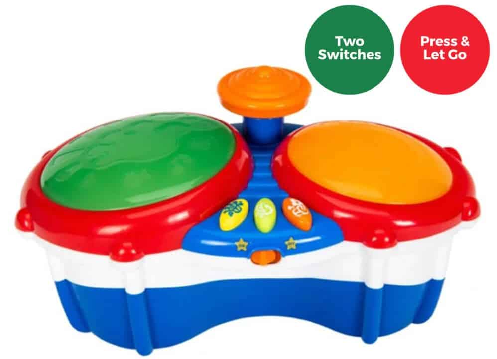 Colorful toy bongo drum set with two large drum pads—one green and one orange—mounted on a blue and white base with red trim.