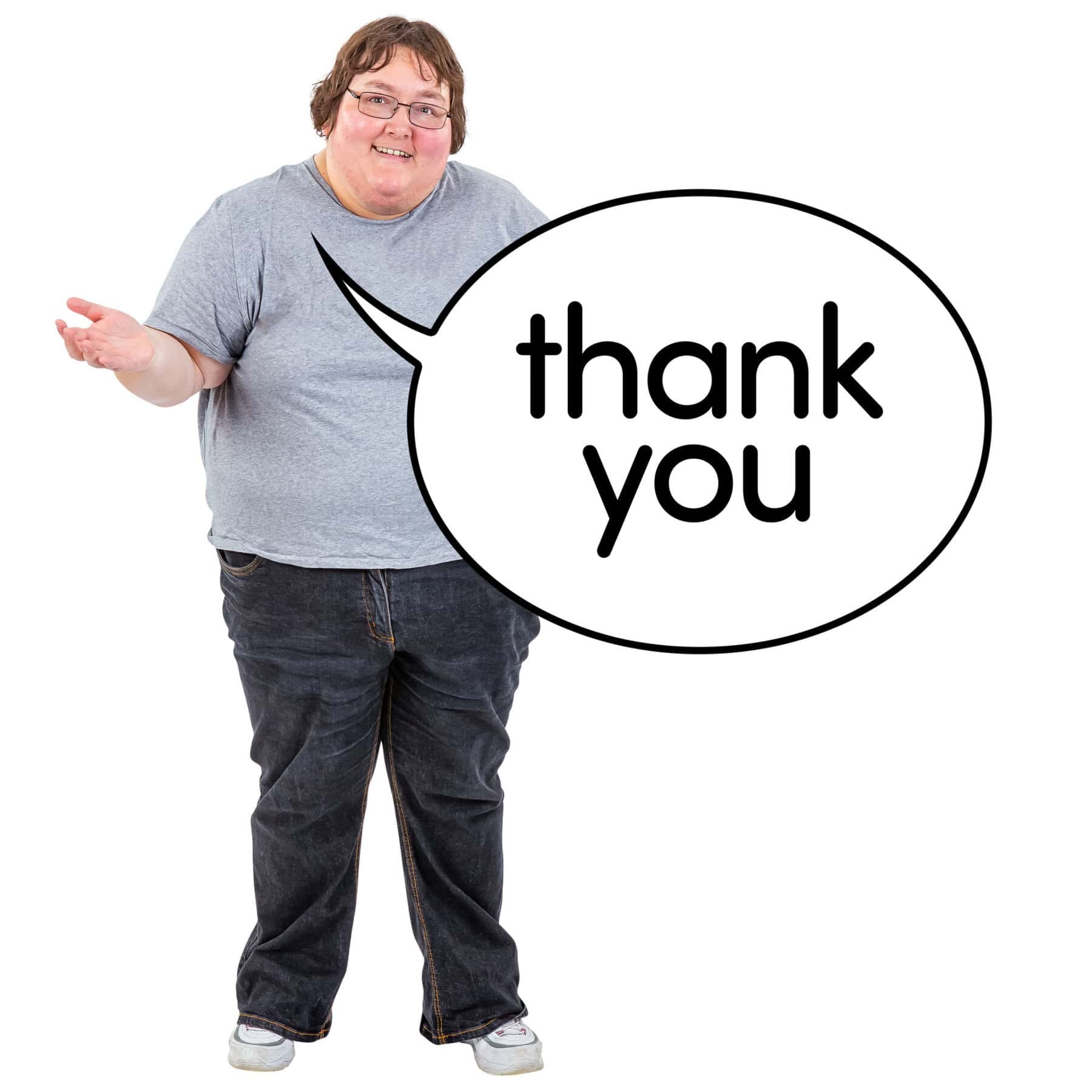 A person with a speech bubble pointing to them saying 'thank you'