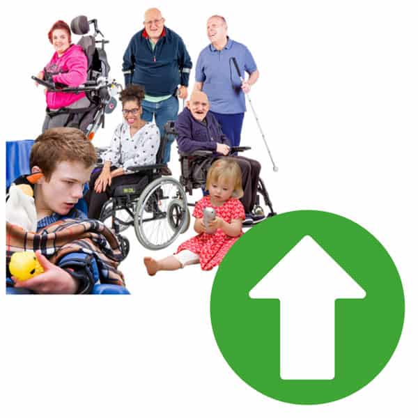 A group of people alongside an arrow pointing up