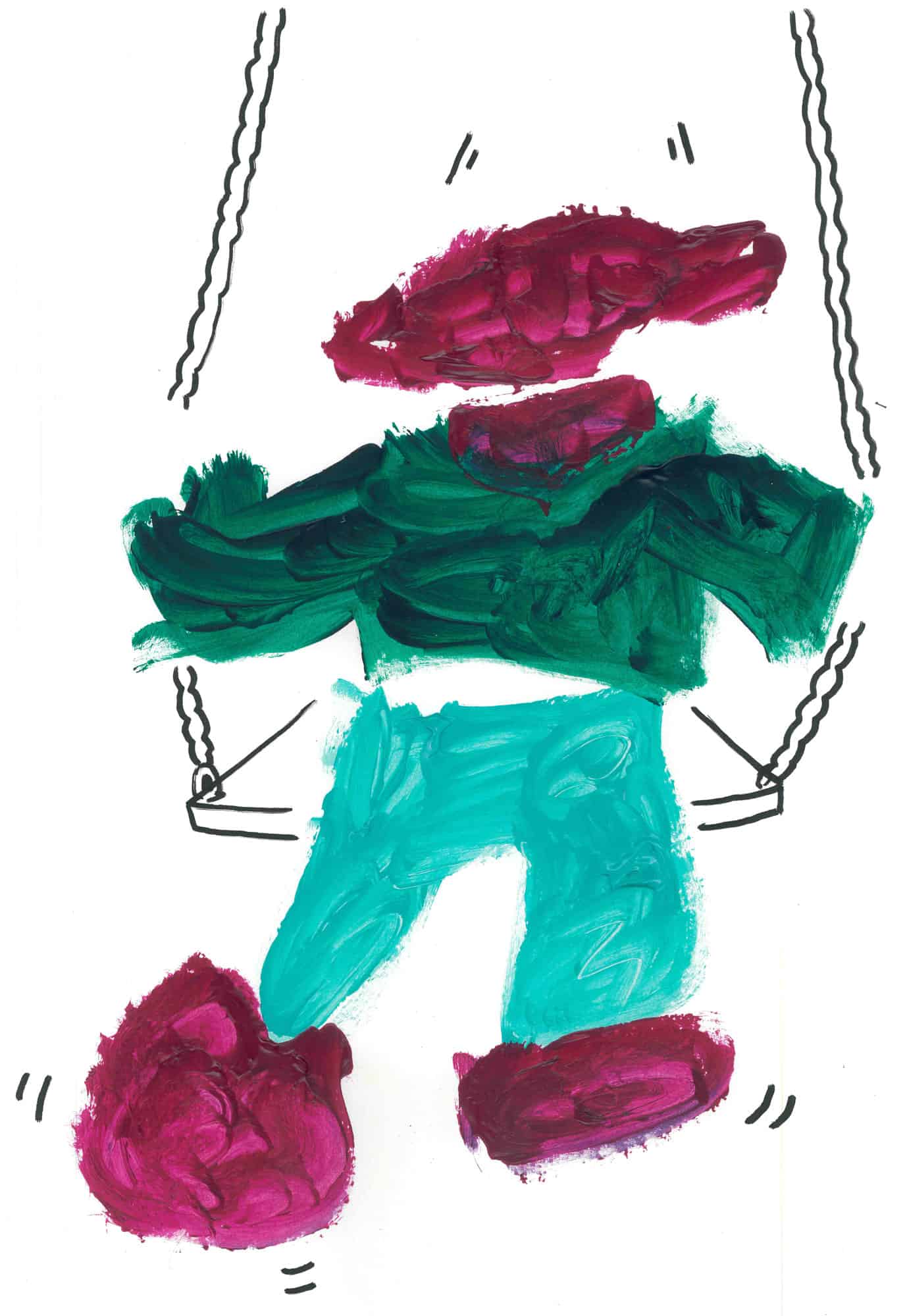 An abstract painting of a child on a swing