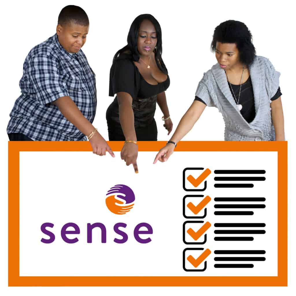 A group of people pointing at a checklist with the Sense logo alongside