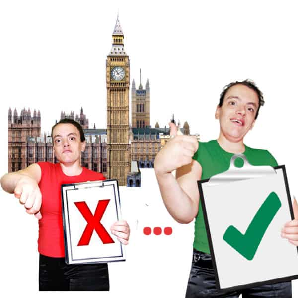 2 people indicate yes or no in front of the Houses of Parliament