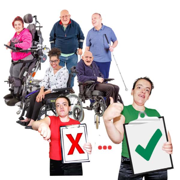 2 people indicate yes or no in front of a group of people smiling
