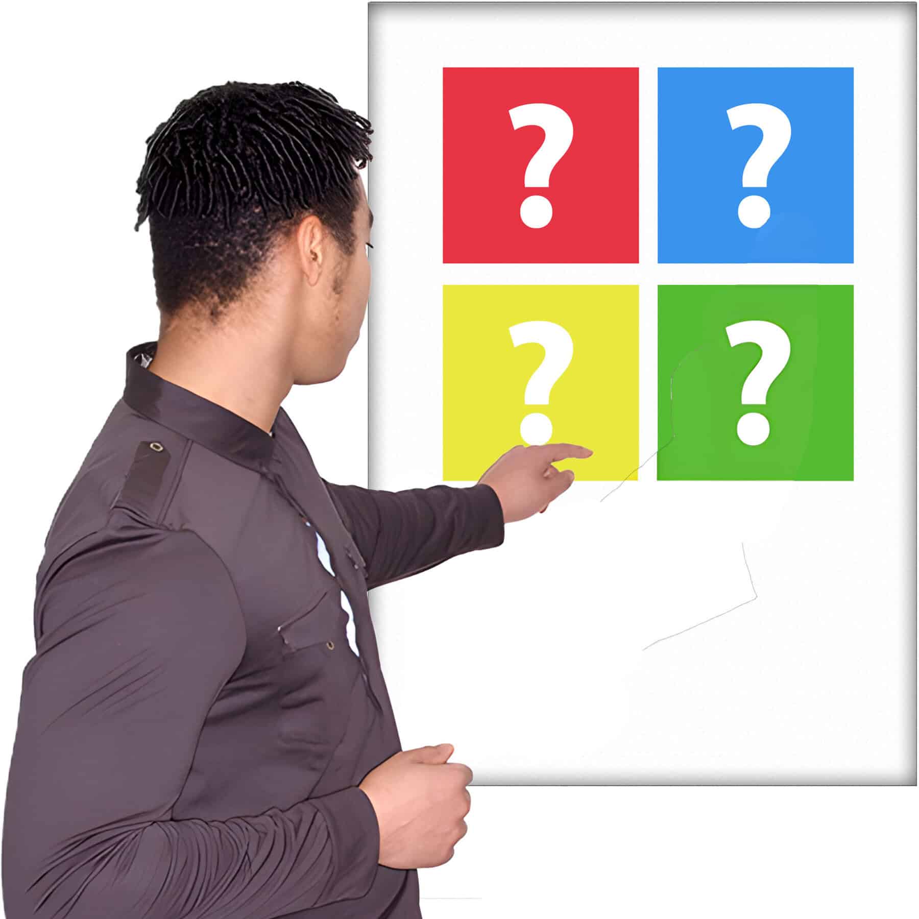 A man pointing at a series of question marks