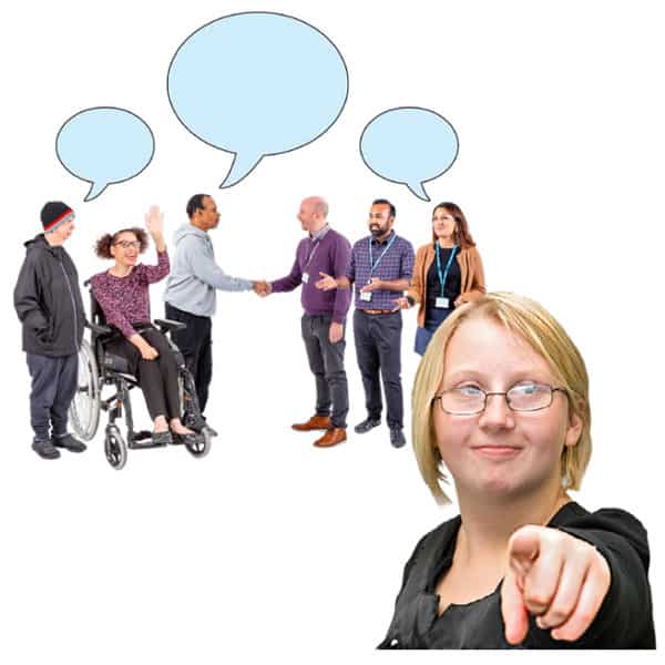 A group of people talking in the background whilst a person points at the viewer in the foreground