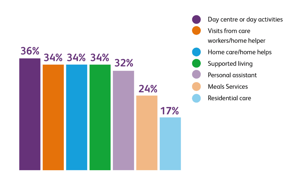 Bar chart showing the following figures: - 36% day centre or day activities - 34% visits from care workers/home helper - 34% home care/home helps - 34% supported living - 32% personal assistant - 24% meals services - 17% residential care