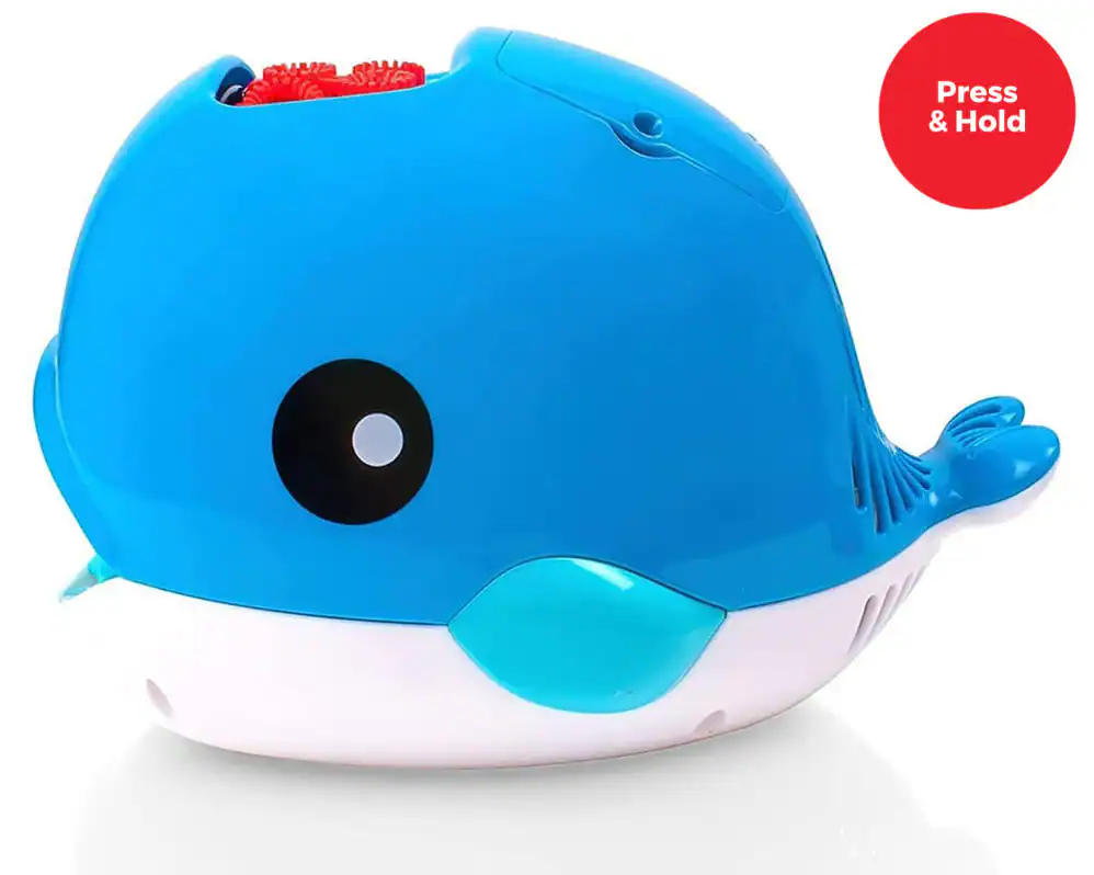 A blue whale with a white belly. He has a bubble blower at the top of his head.