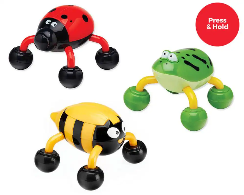 Three different animals, with vibrating circular legs. A green frog, a yellow and black bee and a red lady bird.